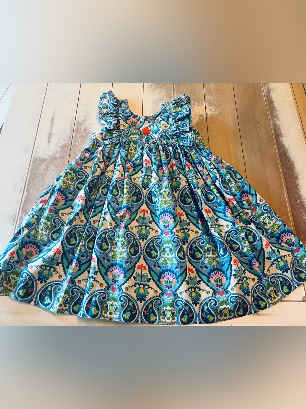 Eleanor Rose Blue Paisley Flutter-Sleeve Dress with Pink Accents